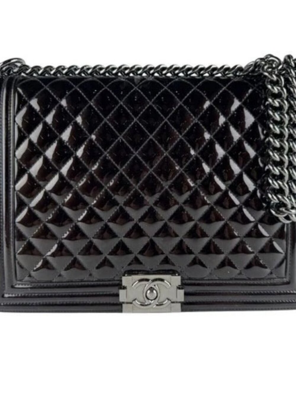 Auth CHANEL Boy Bag Large Chian Shoulder Bag Black Patent Leather/Metal - z10293